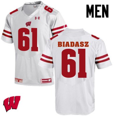 Men's Wisconsin Badgers NCAA #61 Tyler Biadasz White Authentic Under Armour Stitched College Football Jersey DU31P81FR